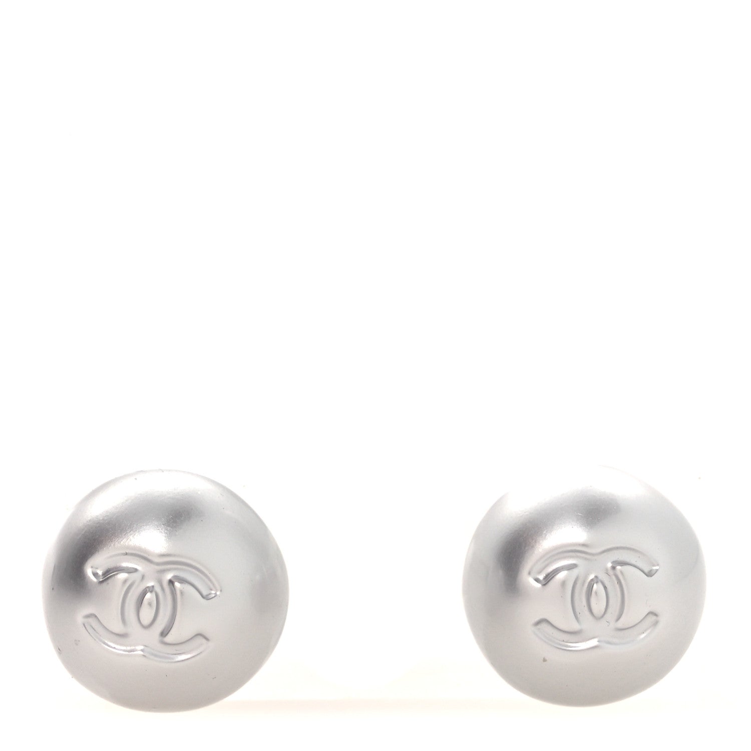 Chanel Resin Metal CC Stud Earrings Silver Pearly White 1 of 5