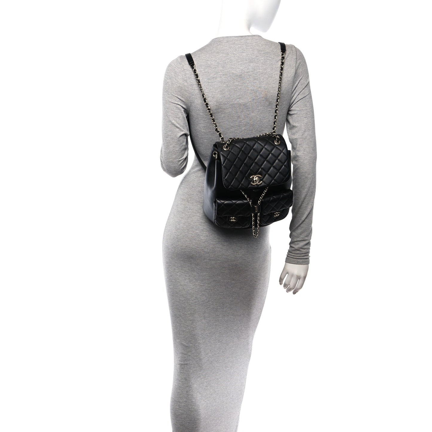 Calfskin Quilted Large Duma Pockets Drawstring Backpack Black