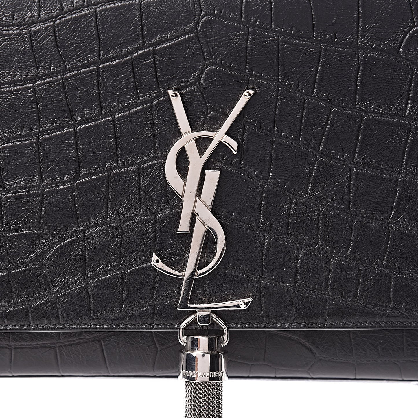 Calfskin Crocodile Embossed Medium Classic Monogram Kate Tassel Satchel Black