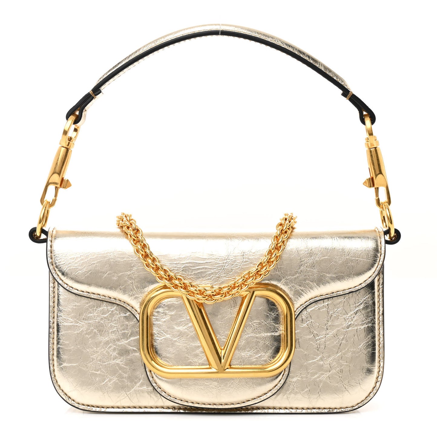 Metallic Crackle Effect Calfskin Vlogo Small Loco Shoulder Bag Platino
