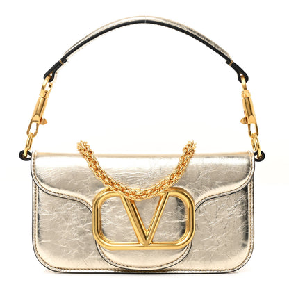 Valentino Garavani Metallic Crackle Effect Calfskin Vlogo Small Loco Shoulder Bag Platino 1 of 11