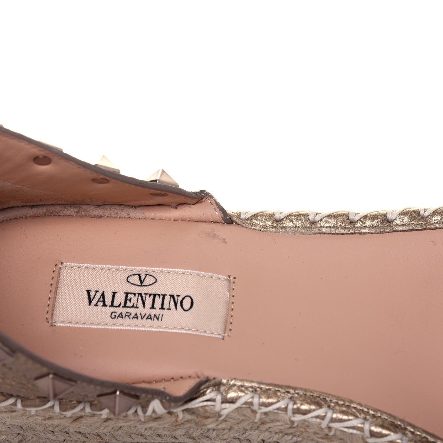 Valentino Garavani Metallic Grained Calfskin Rockstud Ankle Wrap Espadrille Flatform Sandals 39 Skin Natural 8 of 14