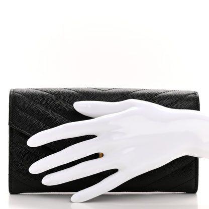 Saint Laurent Grain De Poudre Matelasse Chevron Monogram Flap Wallet Black 2 of 10
