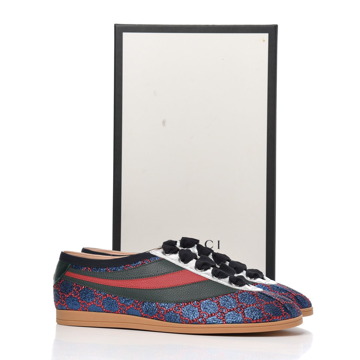 Lurex Calfskin Web GG Monogram Mens Falacer Sneakers 9 Iridescent Blue Iridescent Red Silver