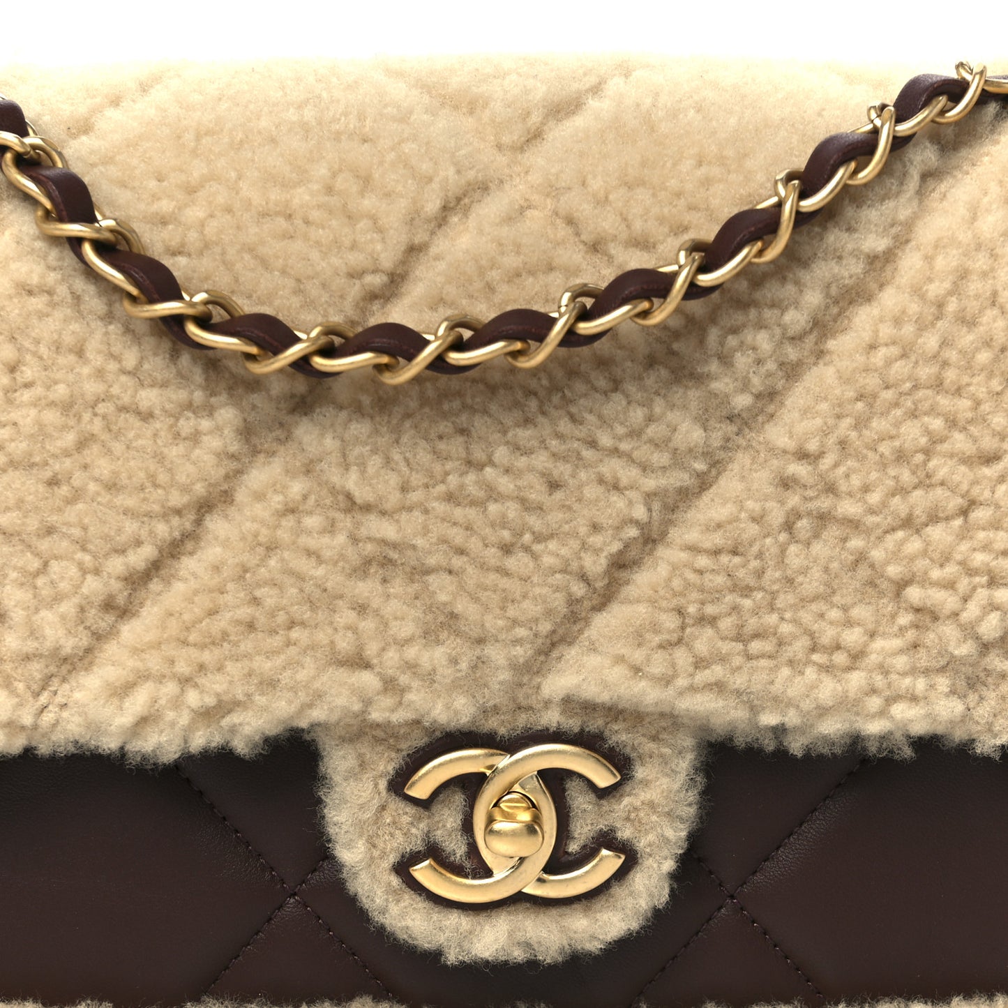 Shearling Lambskin Quilted Furry Coco Flap Beige Dark Brown