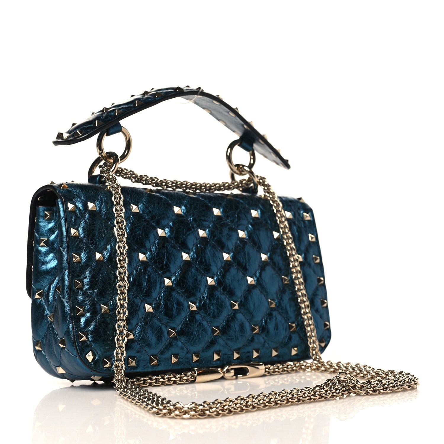 Valentino Garavani Metallic Wrinkled Lambskin Small Rockstud Spike Shoulder Bag Peacock 3 of 8