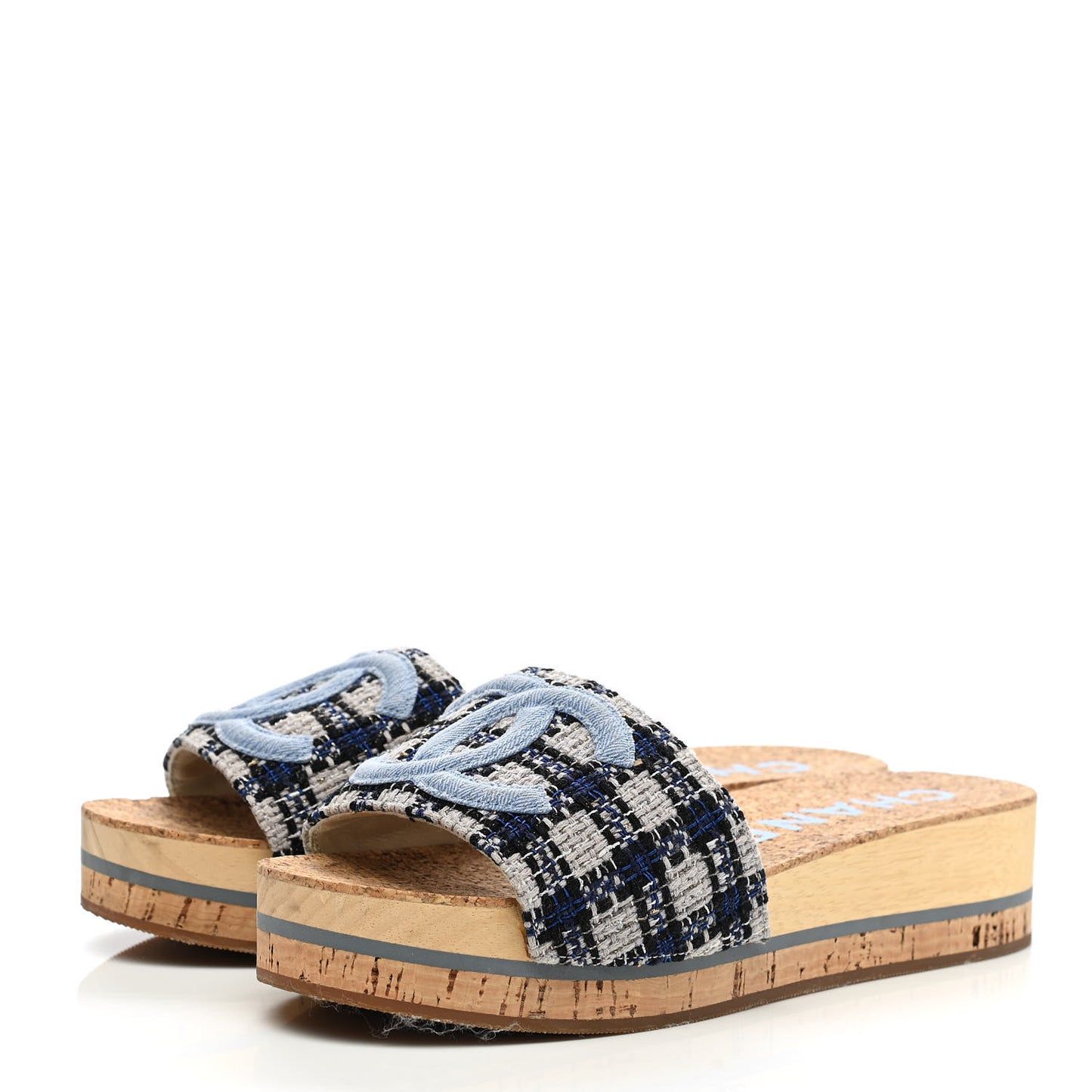 Tweed Mixed Fibers Cork CC Mule Sandal 37 Navy Blue White Blue