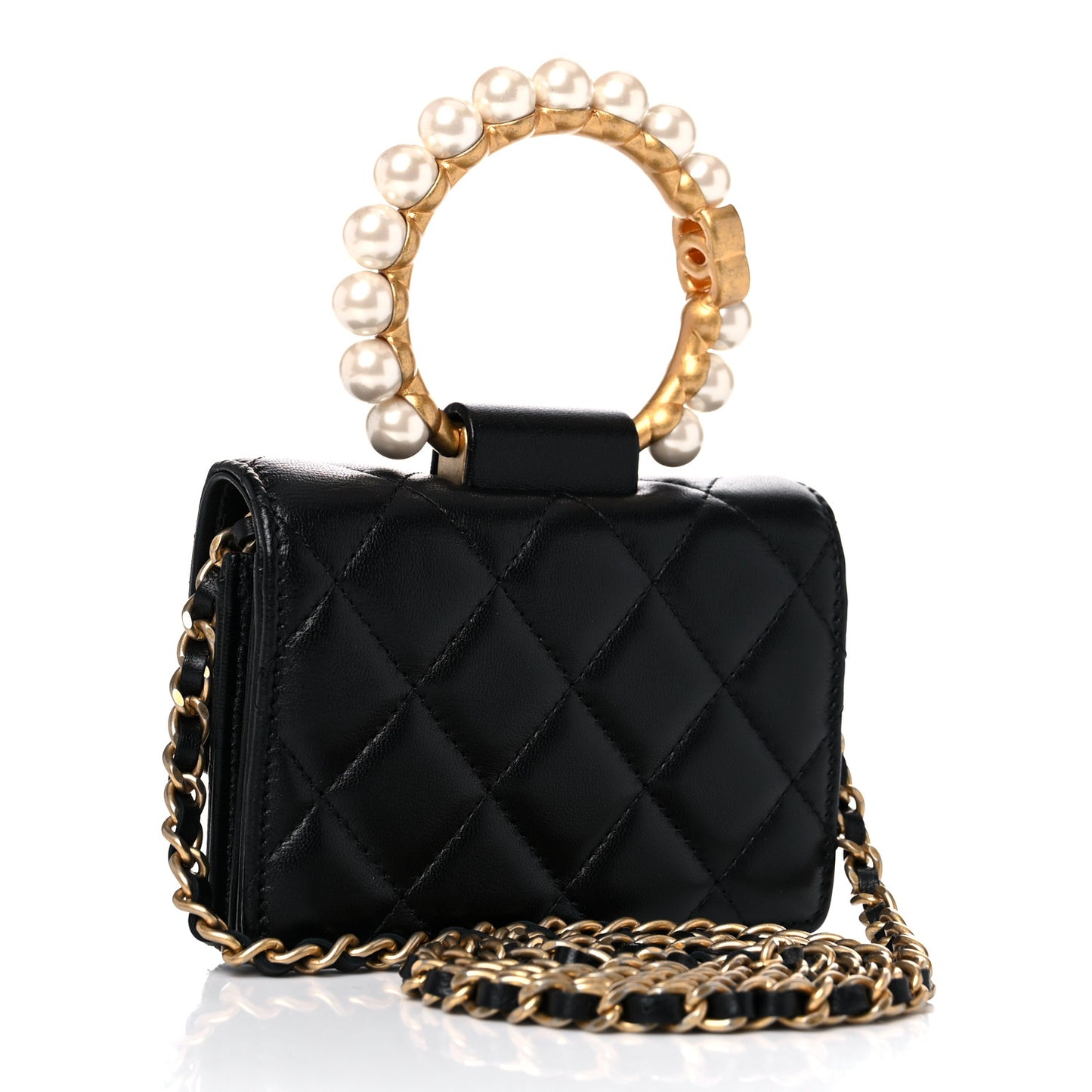 Lambskin Quilted Pearl Crown Clutch With Chain Black