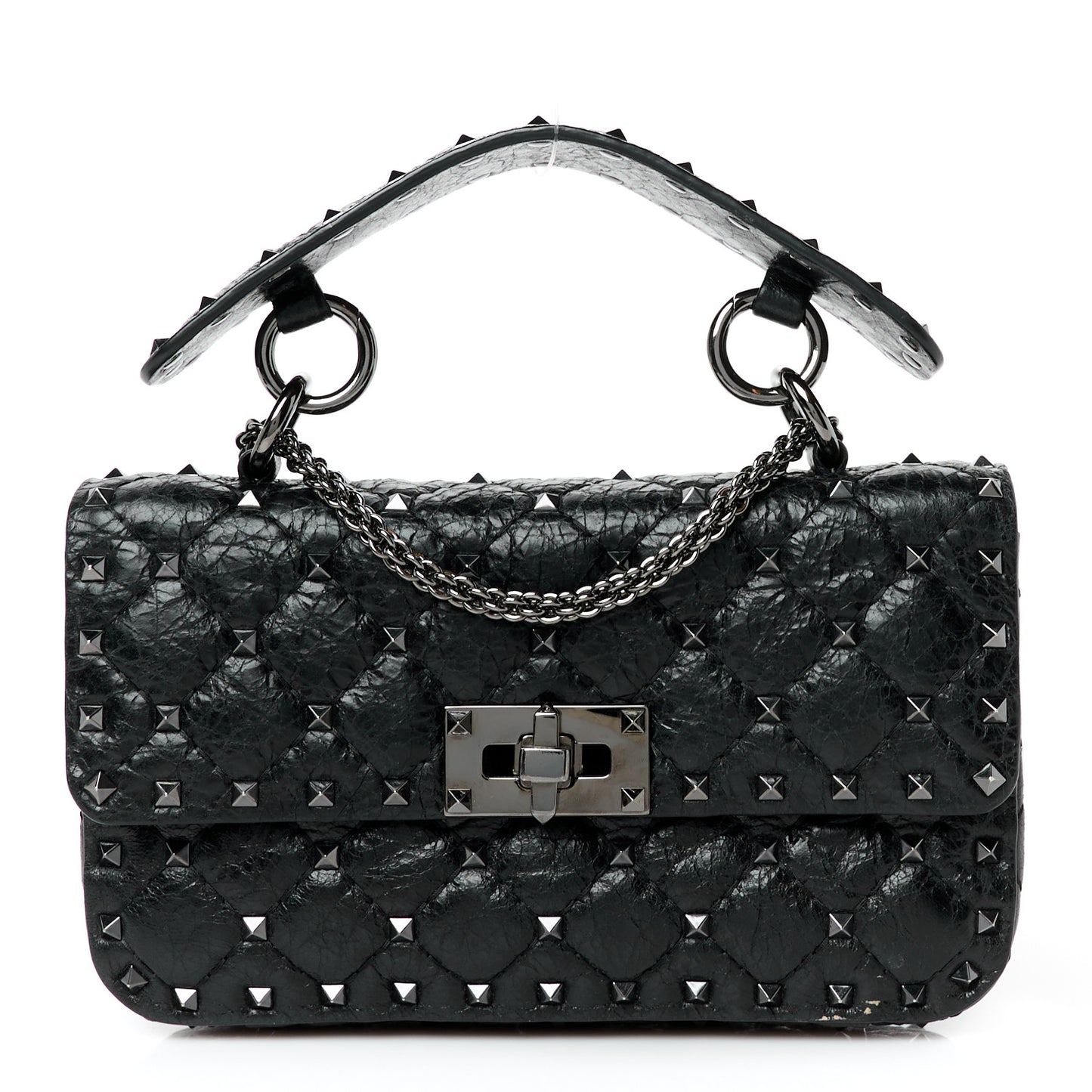 Craquele Nappa Small Rockstud Spike Shoulder Bag Black