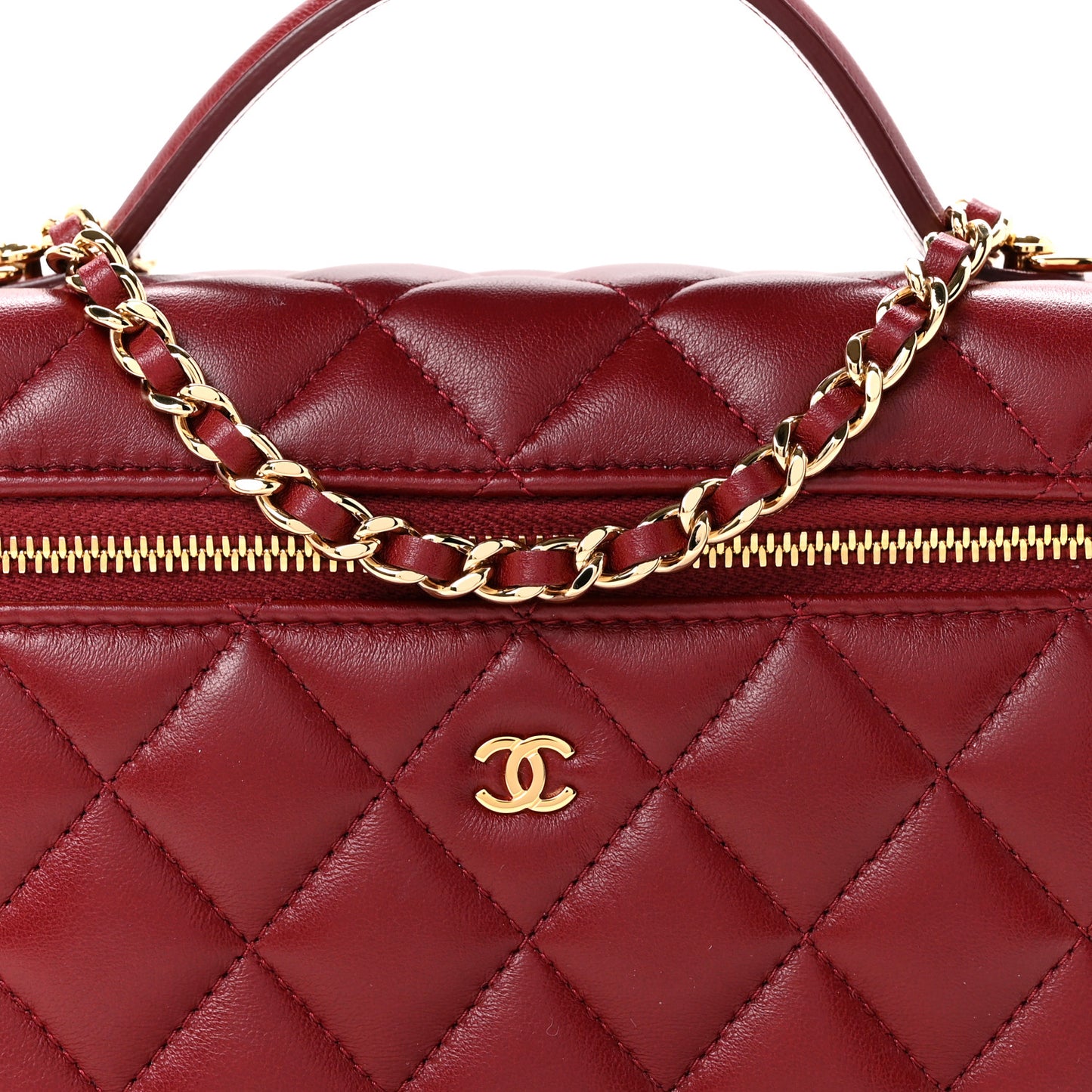 Lambskin Quilted Top Handle Slim Vanity With Chain Burgundy