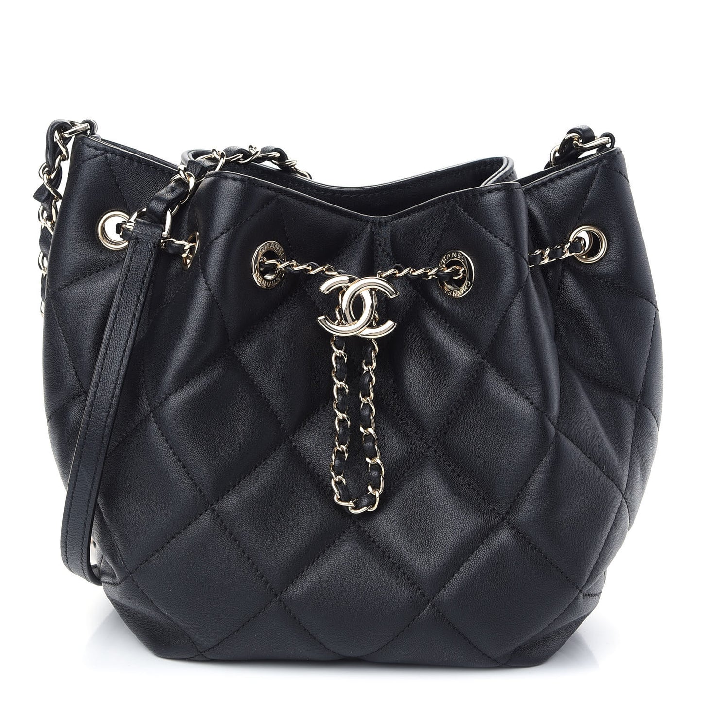 Lambskin Quilted CC Dweller Drawstring Bucket Bag Black