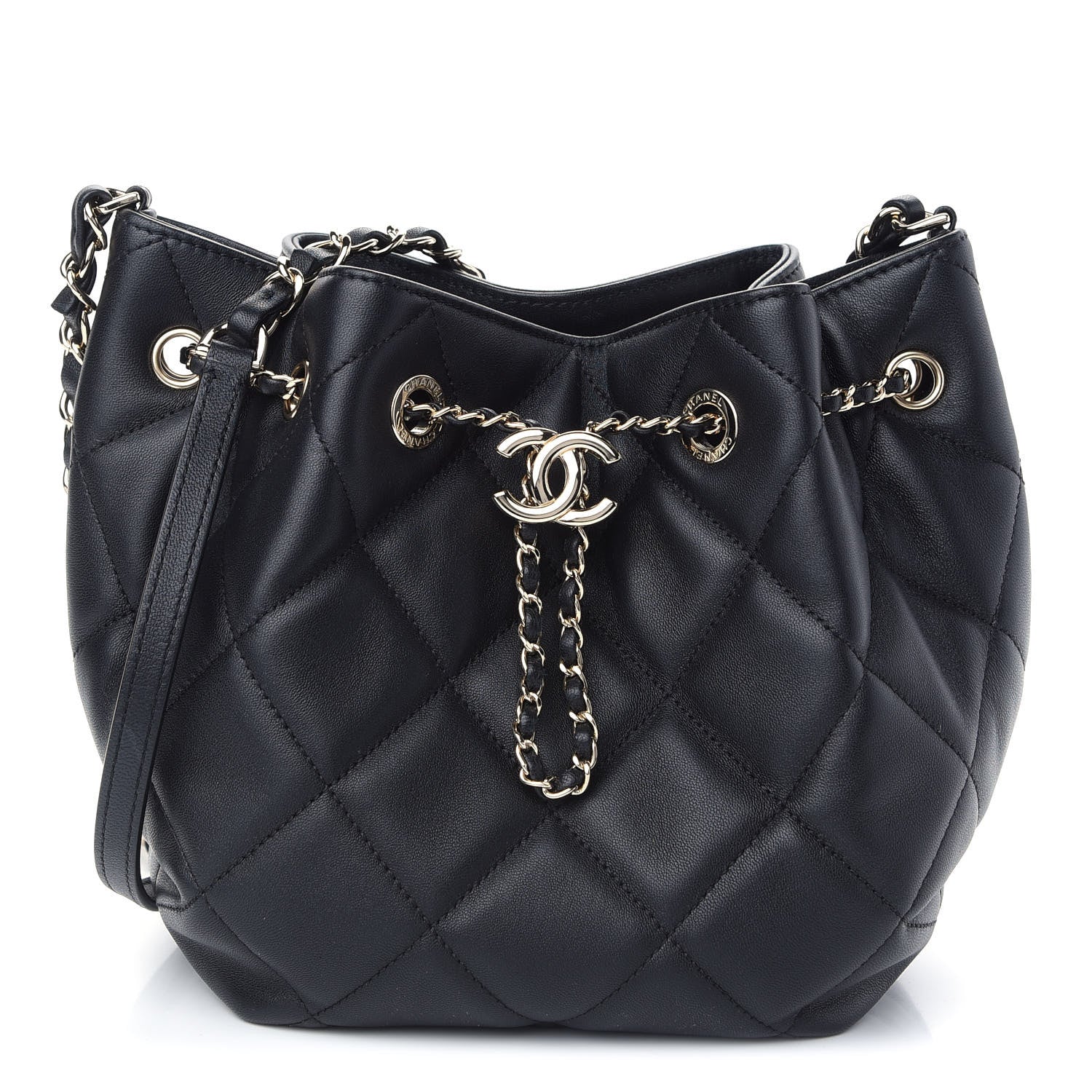Chanel Lambskin Quilted CC Dweller Drawstring Bucket Bag Black 1 of 9