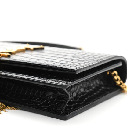 Saint Laurent Calfskin Crocodile Embossed Kate Monogram Tassel Chain Wallet Black 10 of 11