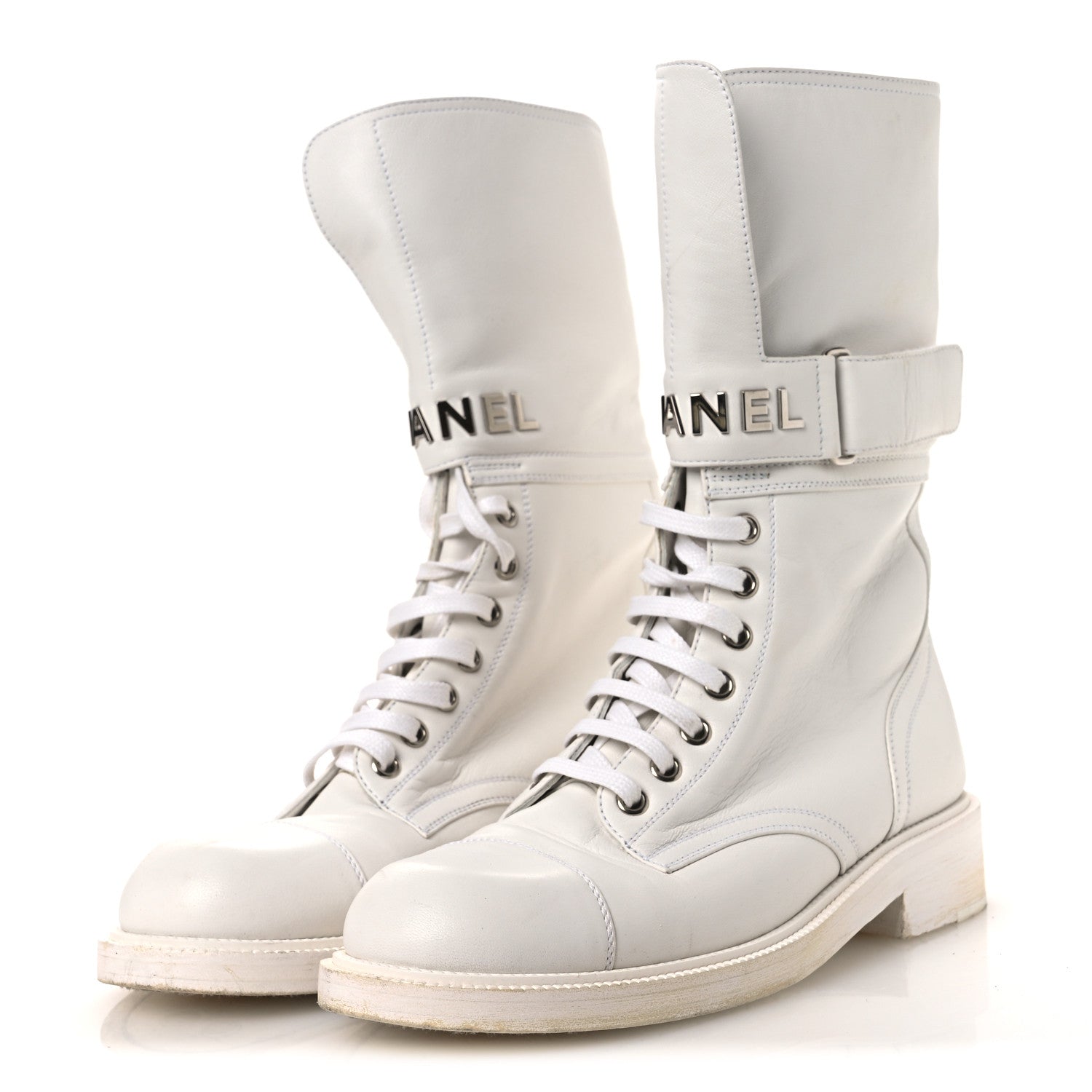 Chanel Calfskin Lace Up Logo Mid Calf Combat Boots 38.5 White Black 4 of 13