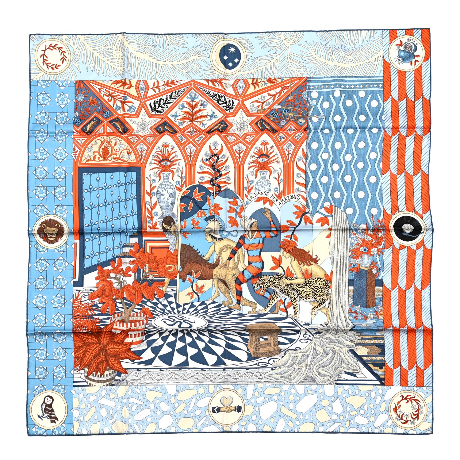 Hermes Silk La Danse Des Amazones Scarf 90 Bleu Jean Orange 1 of 6
