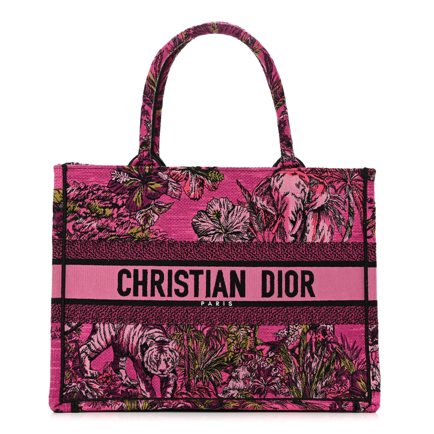 Canvas Embroidered Medium Toile de Jouy Voyage Book Tote Fuchsia Multicolor