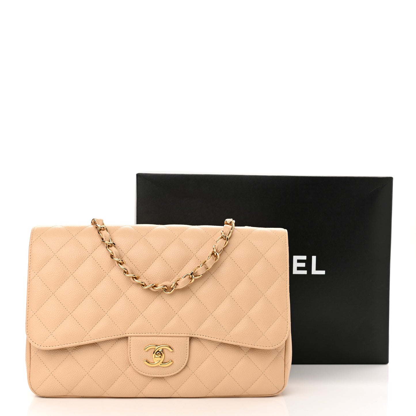 Caviar Quilted Jumbo Single Flap Beige
