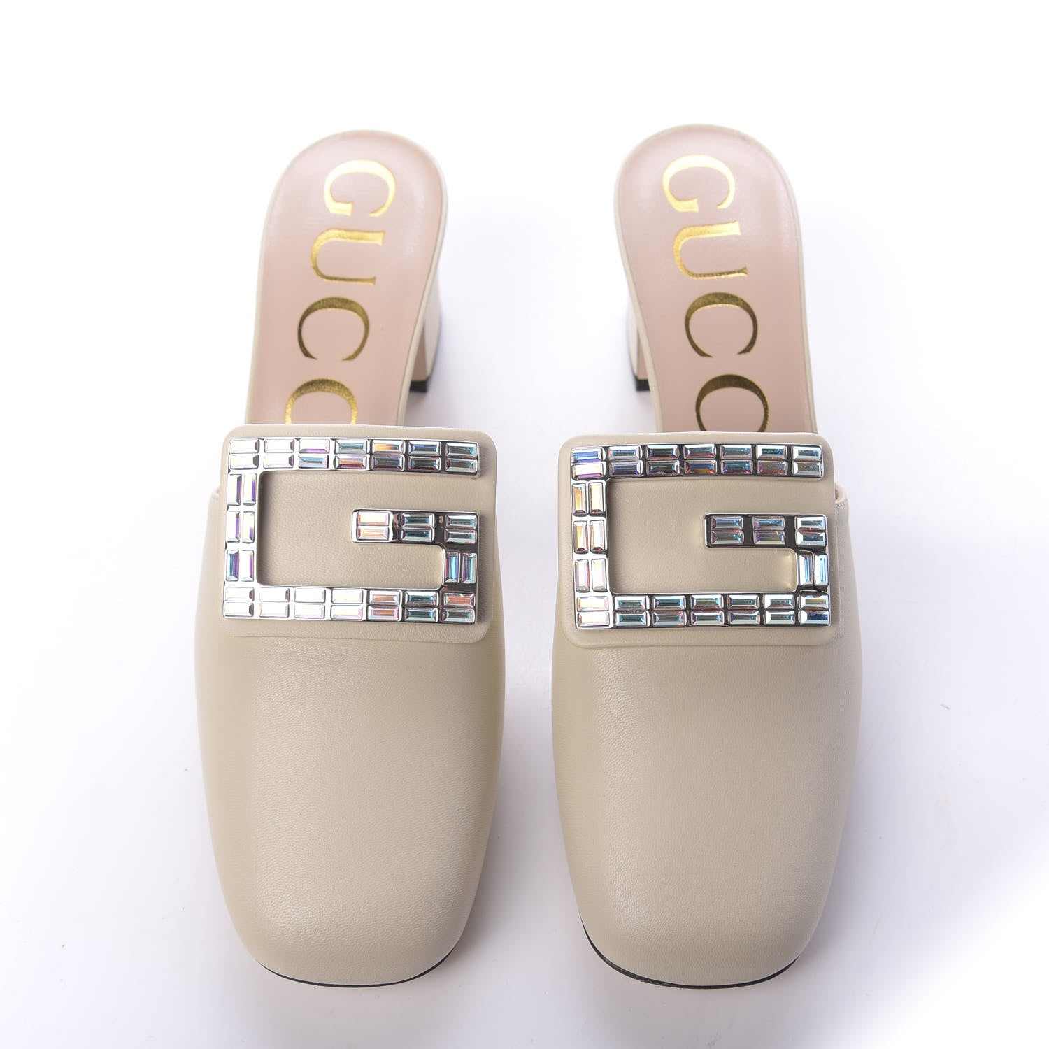 Gucci Malaga Kid Crystal Square G Madelyn Mules 37 Vintage White 5 of 12