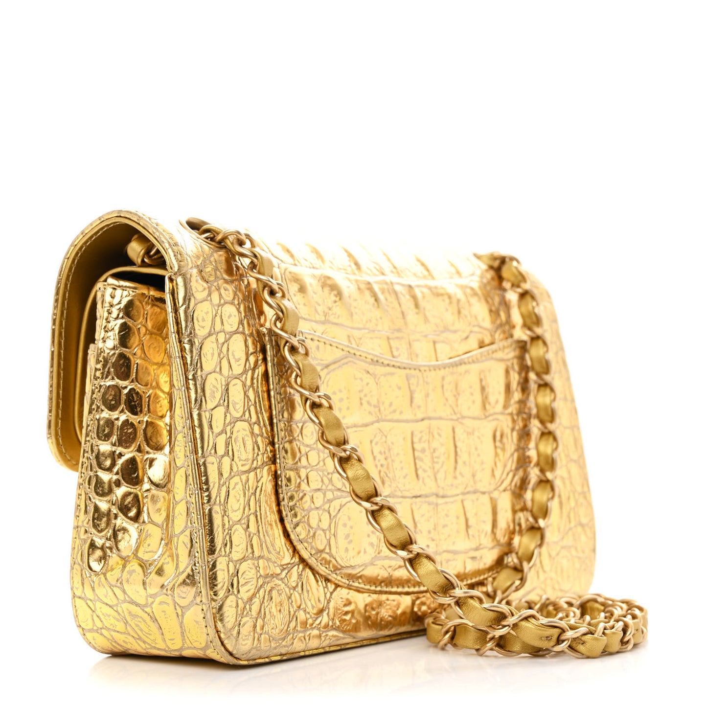 Metallic Calfskin Crocodile Embossed Crocodile Rectangular Small Flap Gold