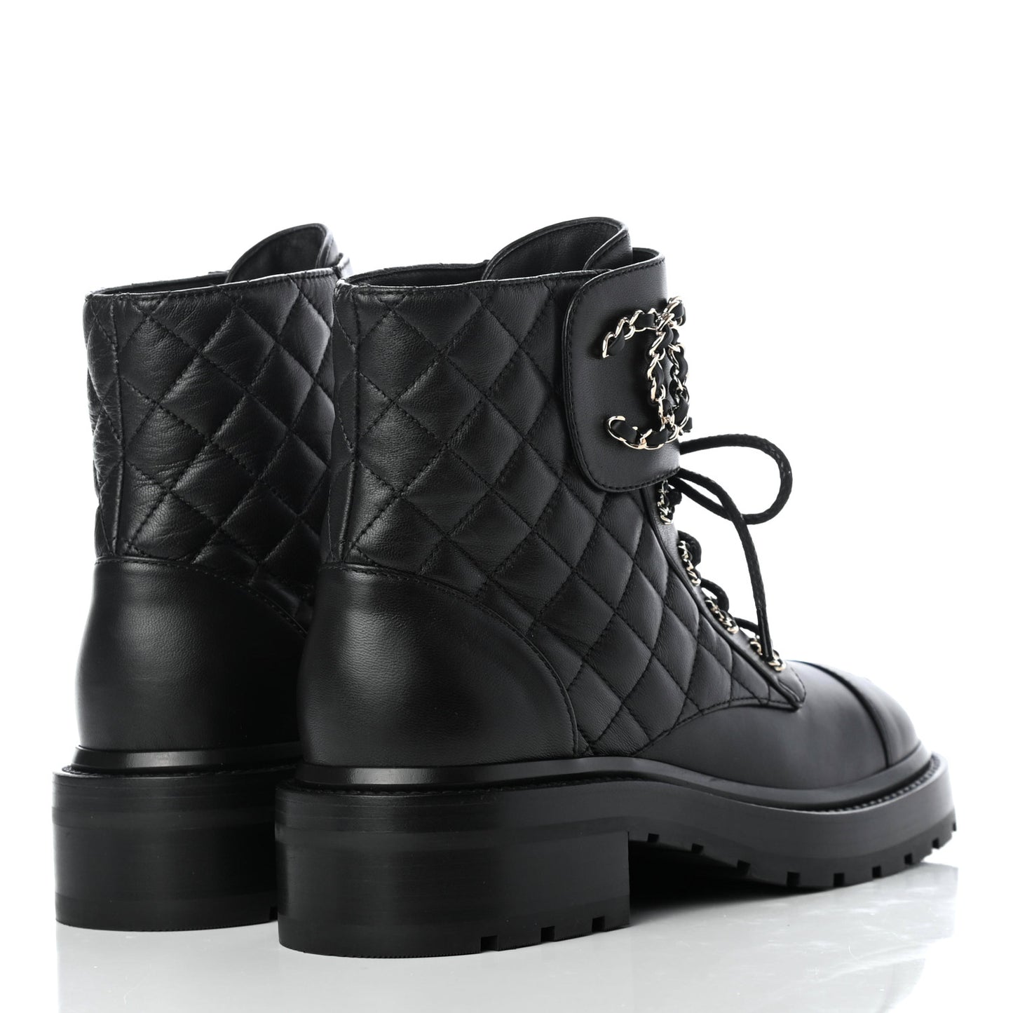 Shiny Lambskin Quilted Lace Up Combat Boots 36 Black