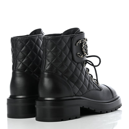 Chanel Shiny Lambskin Quilted Lace Up Combat Boots 36 Black 3 of 9