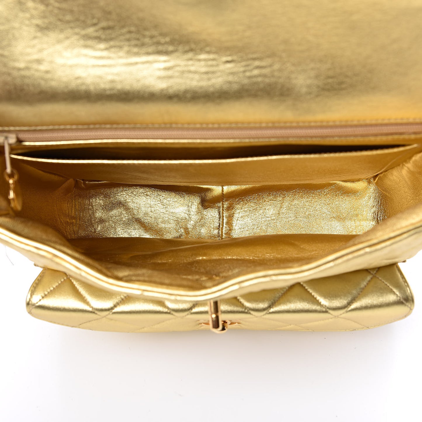 Metallic Lambskin Quilted Double Pocket Shoulder Bag Gold