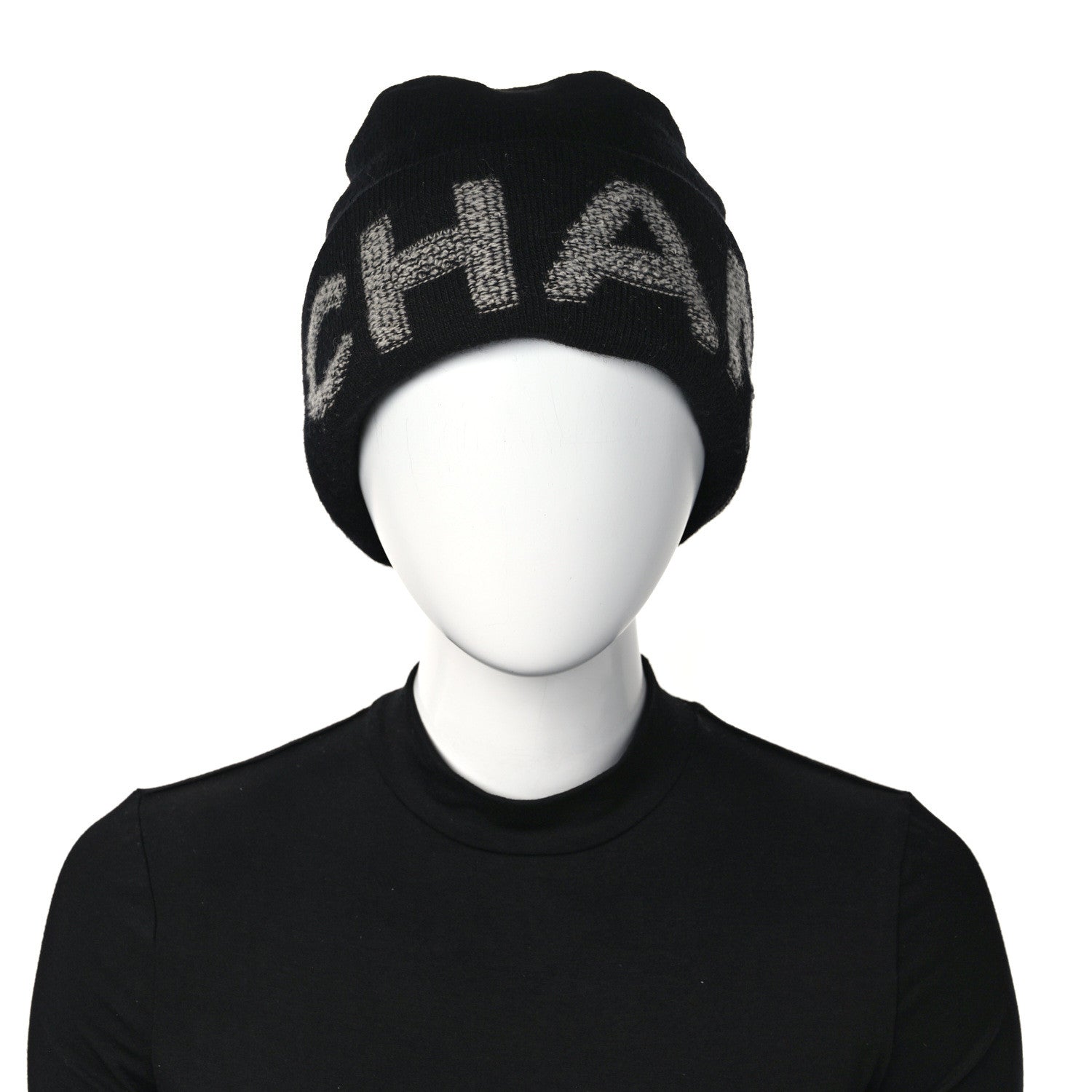 Chanel Wool Cashmere Logo Beanie Hat Black Light Grey 2 of 4