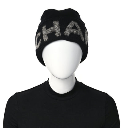 Chanel Wool Cashmere Logo Beanie Hat Black Light Grey 2 of 4