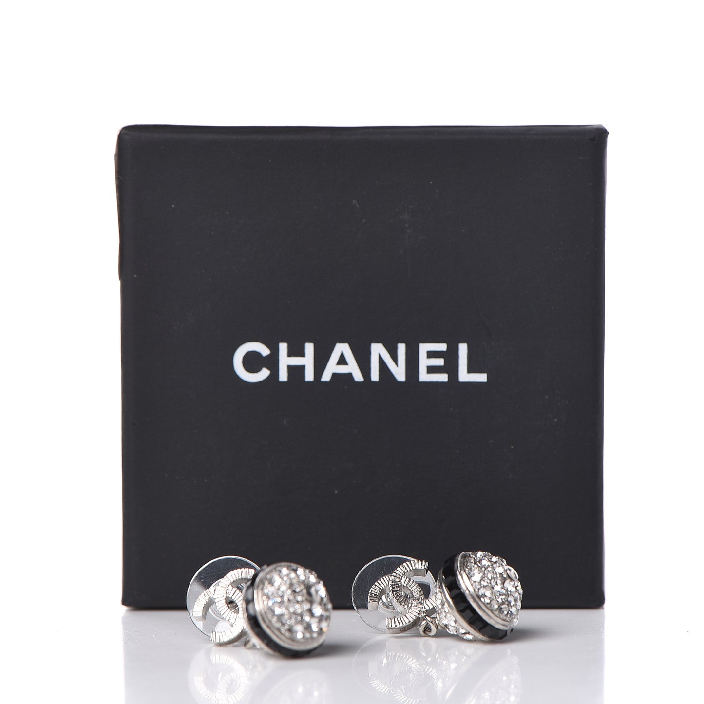 Crystal CC Drop Earrings Black Silver