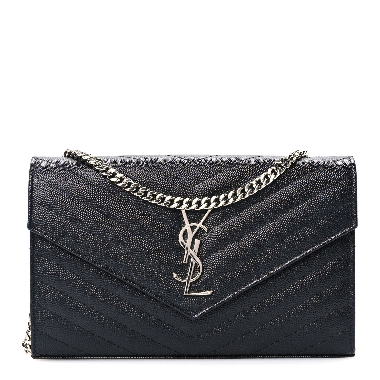 Saint Laurent Grain De Poudre Matelasse Chevron Monogram Chain Wallet Black 1 of 9