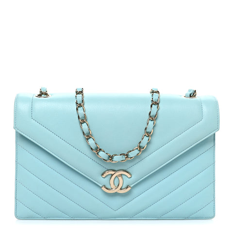 Calfskin Quilted Chevron Envelope Flap Turquoise