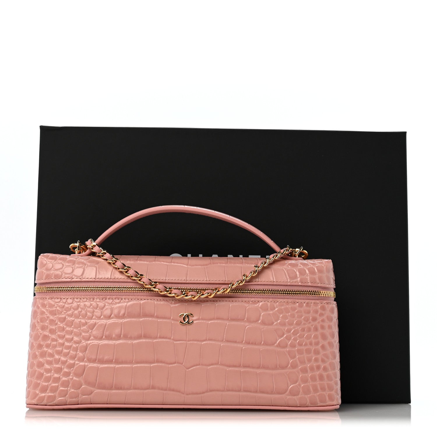 Chanel Calfskin Crocodile Embossed Crococo Top Handle East West Vanity Case With Chain Pink 11 of 11