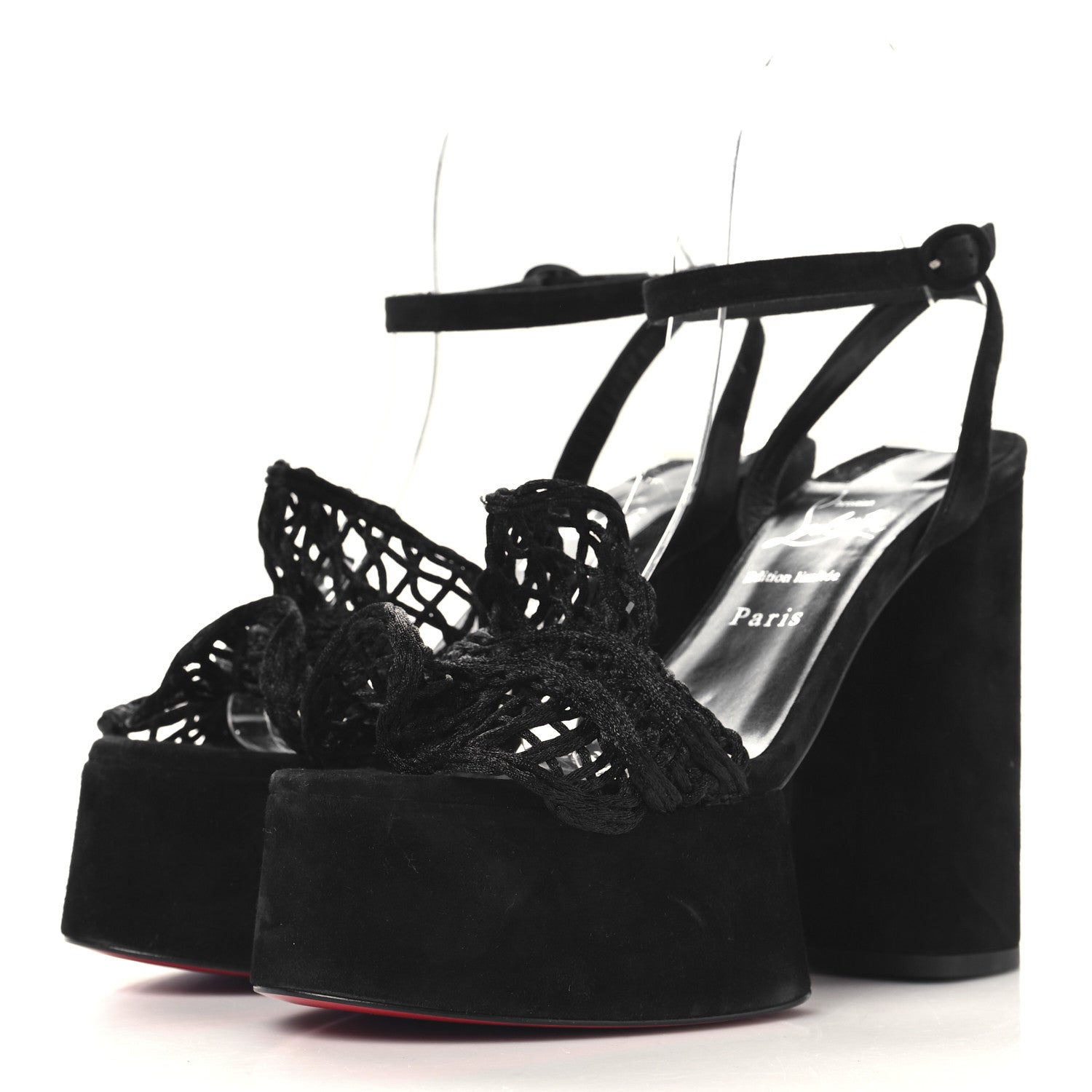 Christian Louboutin Velvet Kid Resille Deia Frou Alta Sandals 38 Black 4 of 8