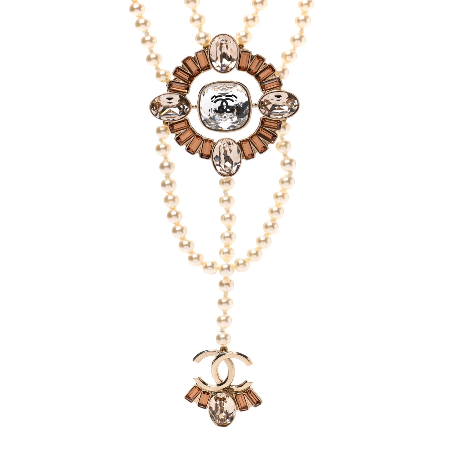 Baguette Crystal Resin Pearl CC Multi Strand Necklace Gold