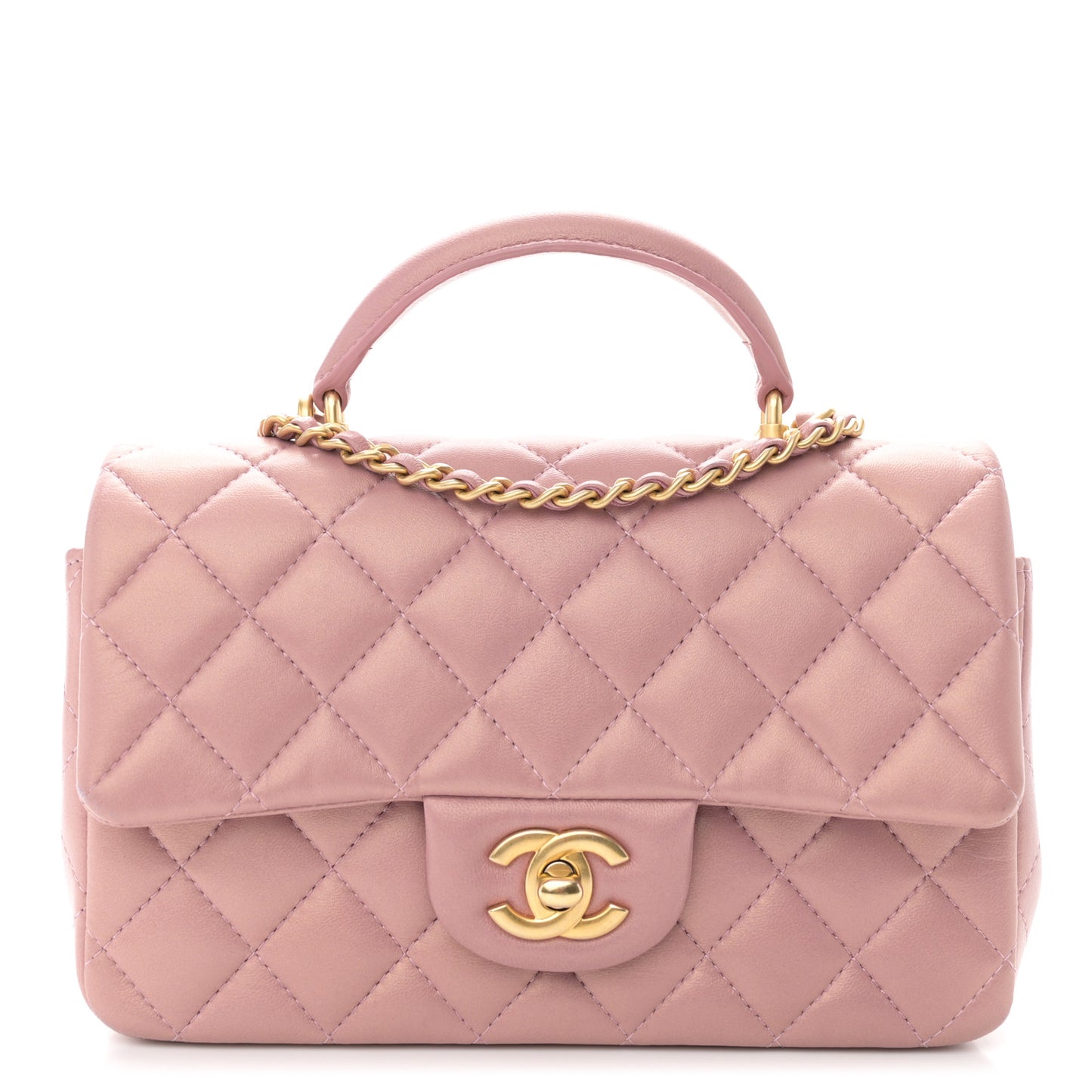 Iridescent Lambskin Quilted Mini Top Handle Rectangular Flap Pink