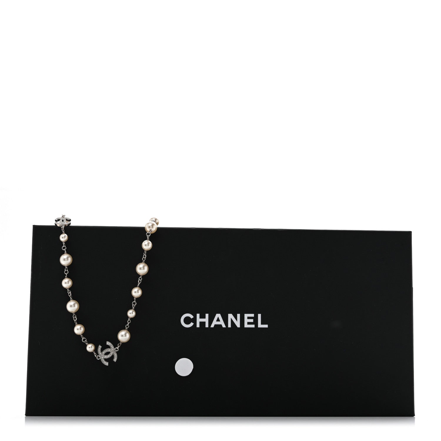 Chanel Graduated Pearl Crystal CC Long Necklace Silver 8 of 8