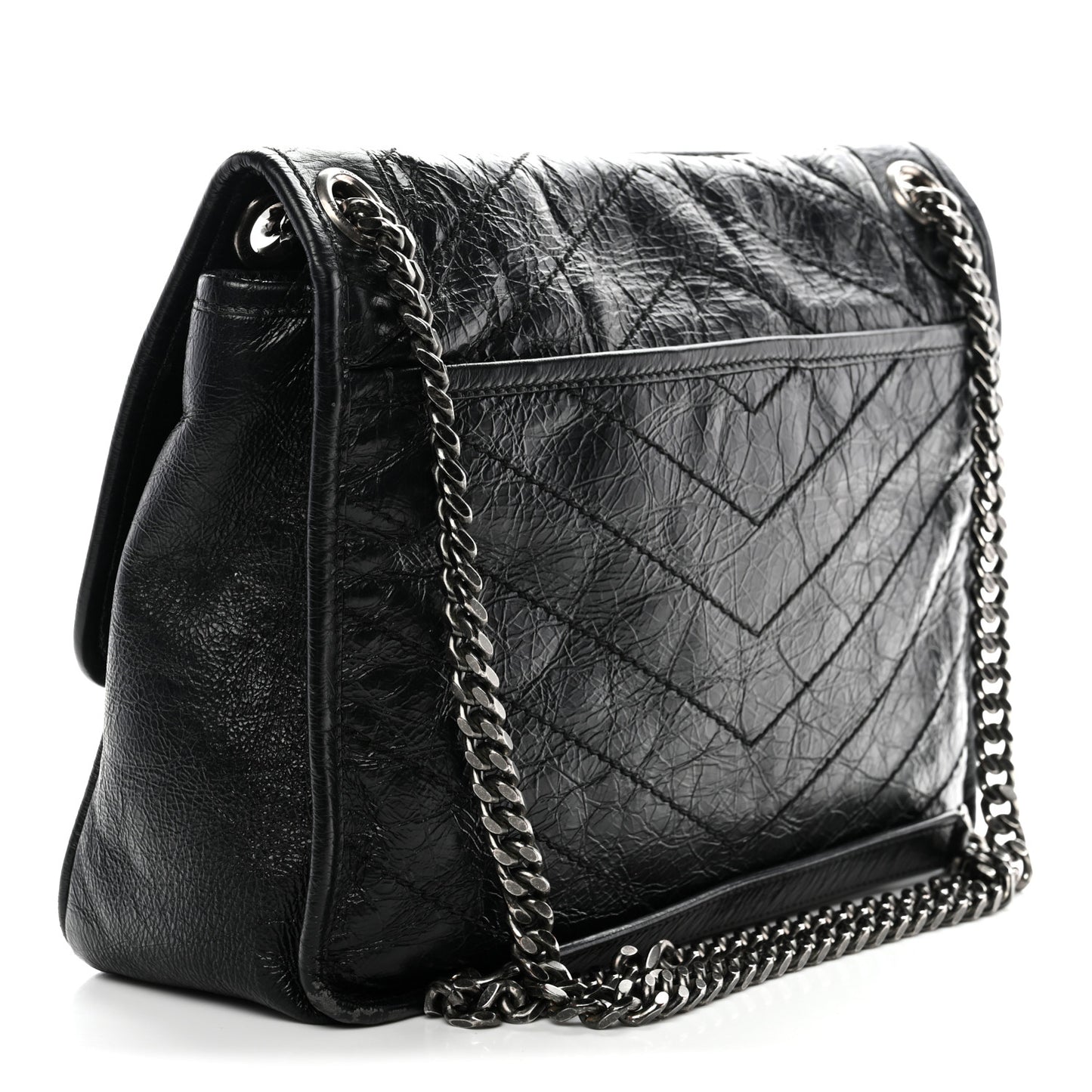 Crinkled Calfskin Matelasse Monogram Medium Niki Chain Satchel Black