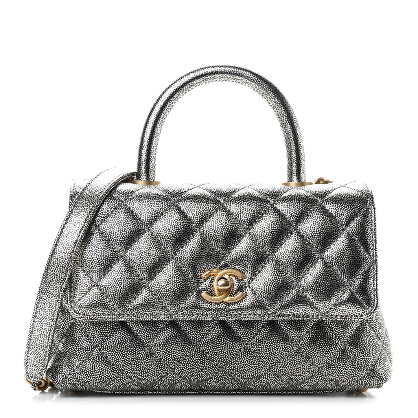 Metallic Caviar Quilted Mini Coco Handle Flap Silver