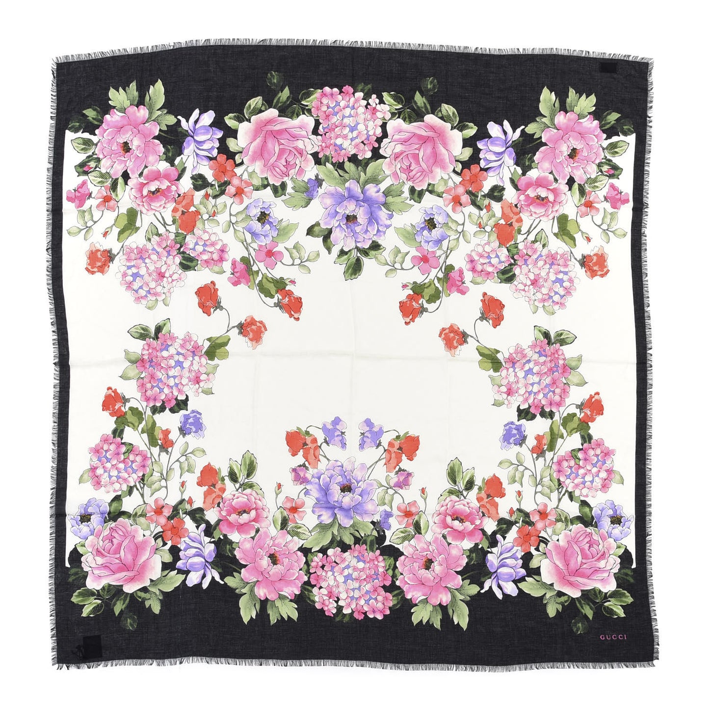 Silk Cashmere Hydrangea Square Scarf Black