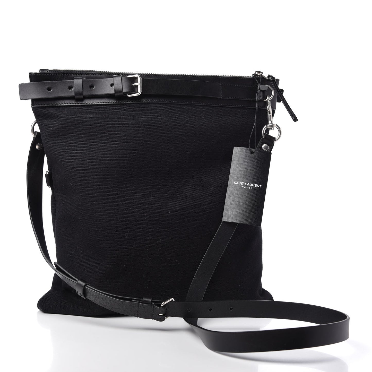 Canvas Calfskin Belted Flat Messenger Bag Black