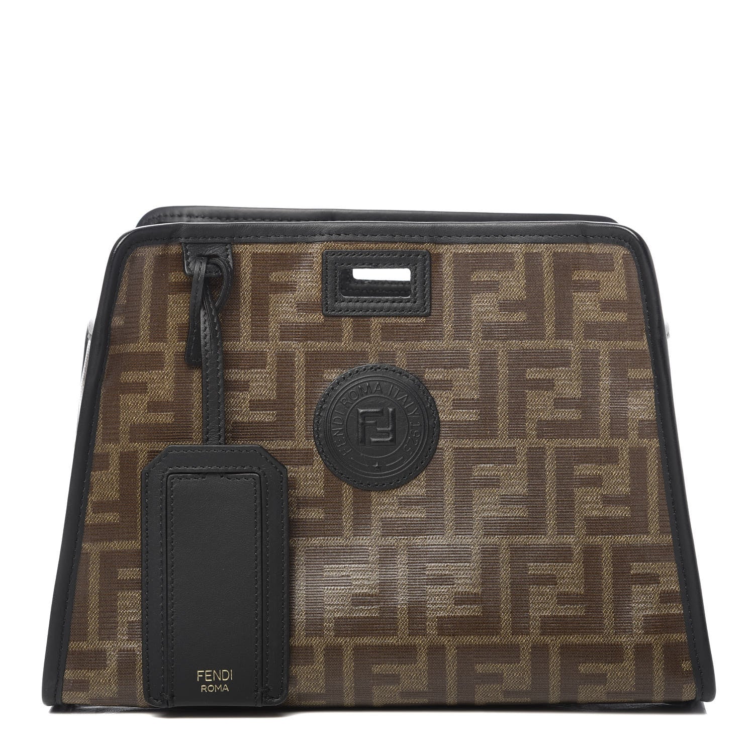 Fendi Glazed Fabric Vitello Century FF 1974 Stamp Patch Mini Peekaboo Defender Cover Mogano Panna Black 1 of 8