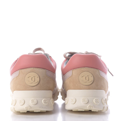 Chanel Nylon Calfskin Suede Womens CC Sneakers 38 Beige Pink 5 of 11
