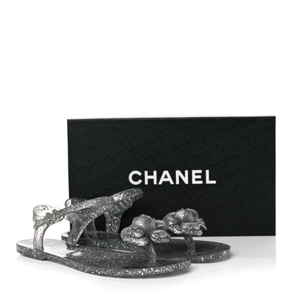 Chanel Jelly Camellia Glitter Thong Sandals 38 Grey 8 of 8