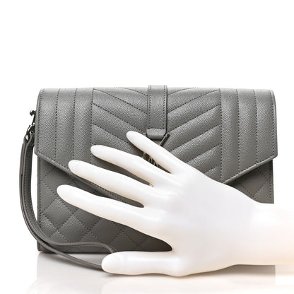 Saint Laurent Grain De Poudre Textured Mixed Matelasse Triquilt Monogram Clutch Storm 2 of 6
