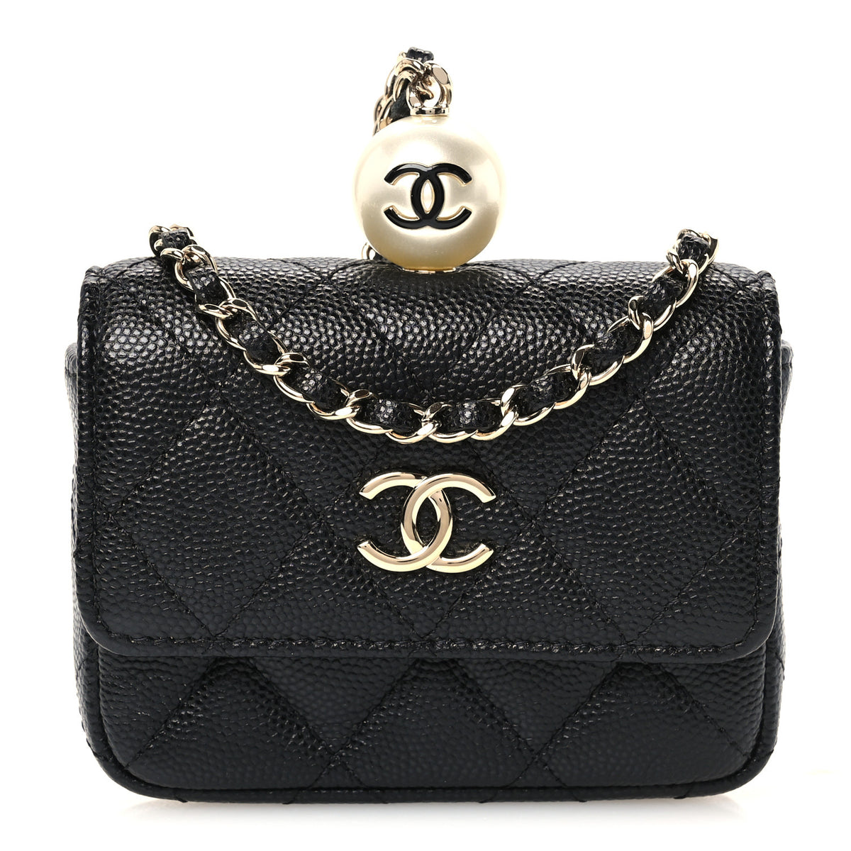 Chanel Caviar Quilted Mini Pearl On Top Coin Purse With Chain Black 1 of 11