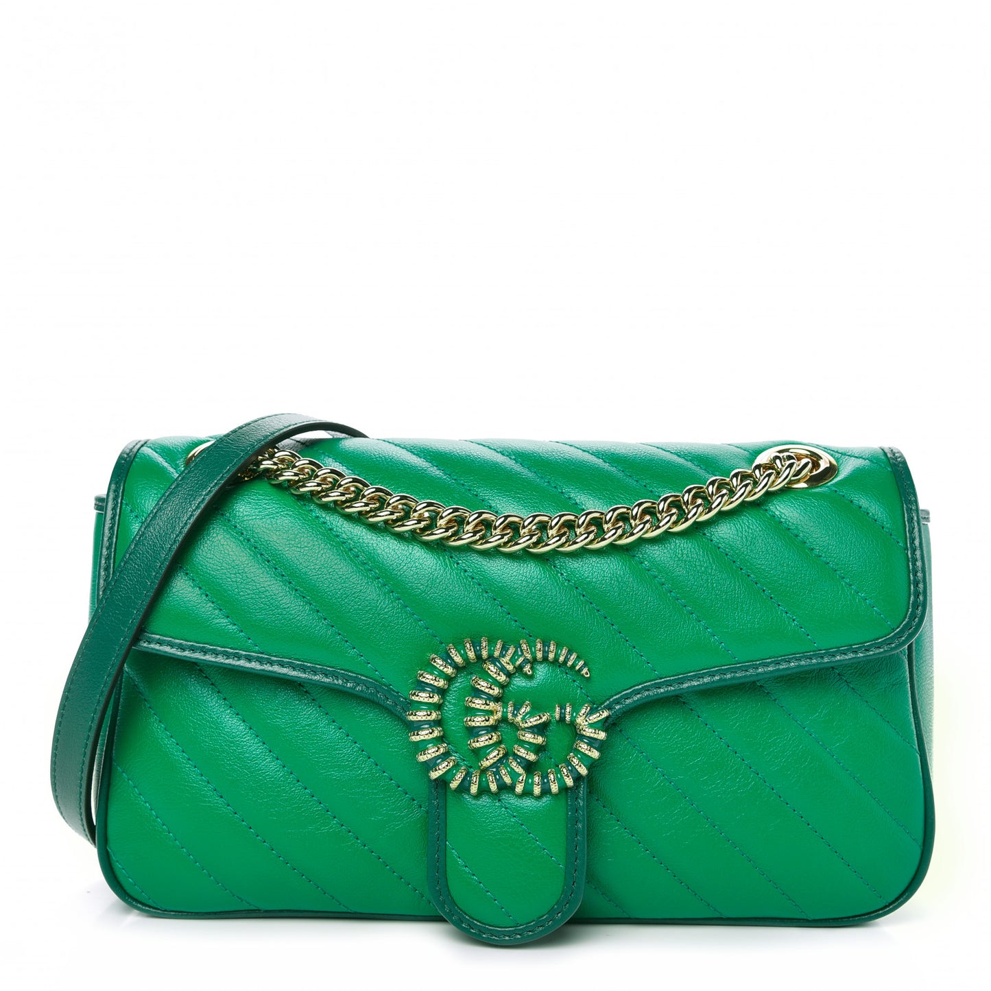 Azalea Calfskin Enamel Matelasse Diagonal Small Torchon GG Marmont Shoulder Bag New Shamarock Emerald