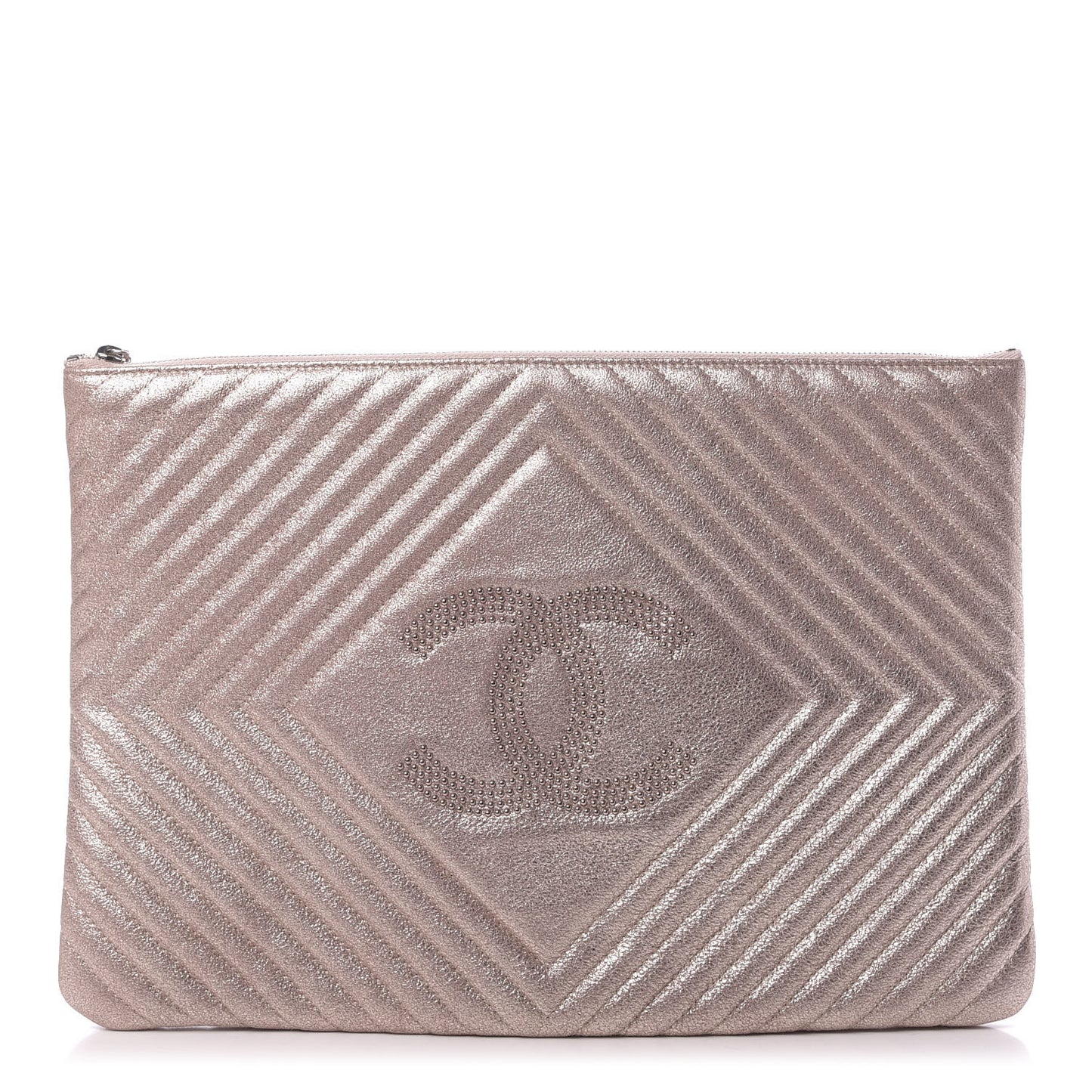 Metallic Crackled Goatskin Studded Chevron Quilted CC Large Zip Clutch Pink