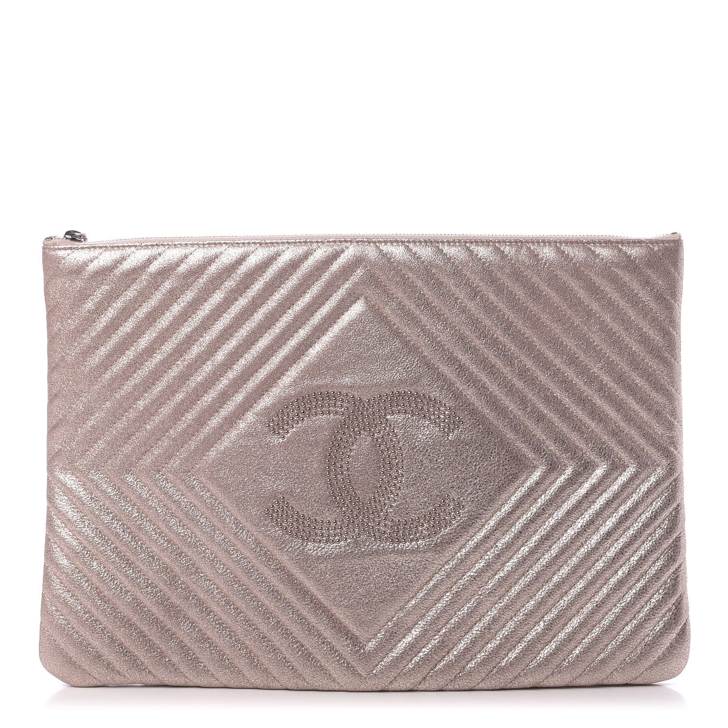 Chanel Metallic Crackled Goatskin Studded Chevron Quilted CC Large Zip Clutch Pink 1 of 7