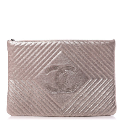 Chanel Metallic Crackled Goatskin Studded Chevron Quilted CC Large Zip Clutch Pink 1 of 7