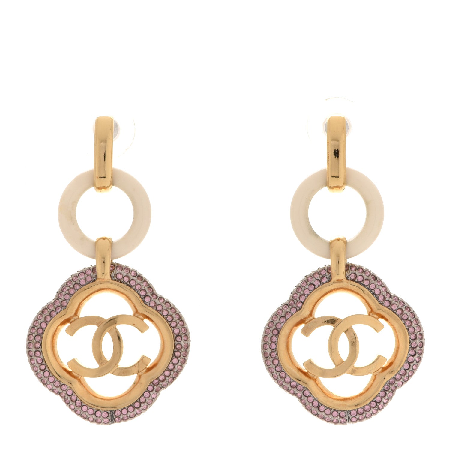 Chanel Resin Crystal CC Drop Earrings Gold Pink White 1 of 4